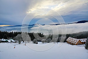 Hill, Arber (Germany), Cloudes and trees, winter landscape in Å umava in Å½eleznÃ¡ Ruda, czech republic